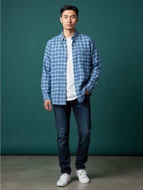 Men's Gorgeous Blue Plaid Button-Up Long Sleeve Shirt
